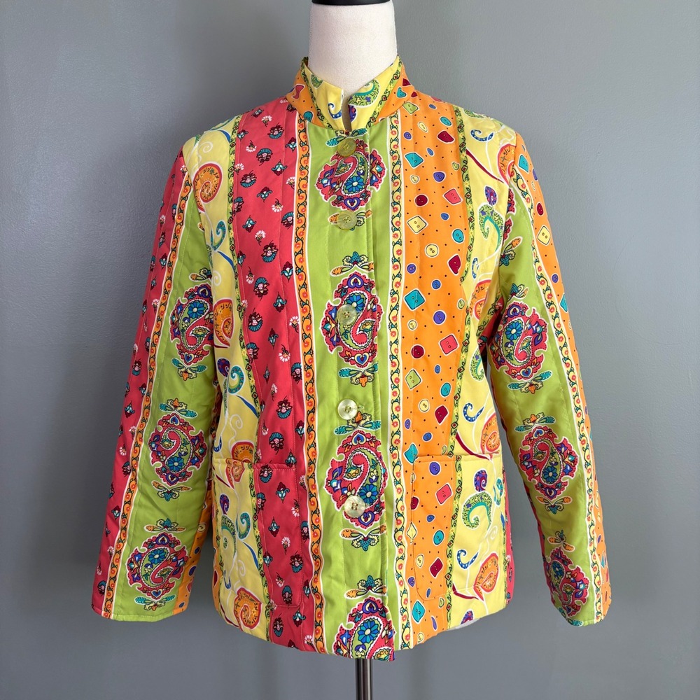 Koret Petite Multicolor Quilted Button Mandarin Jacket PM Whimsical Artsy Bright